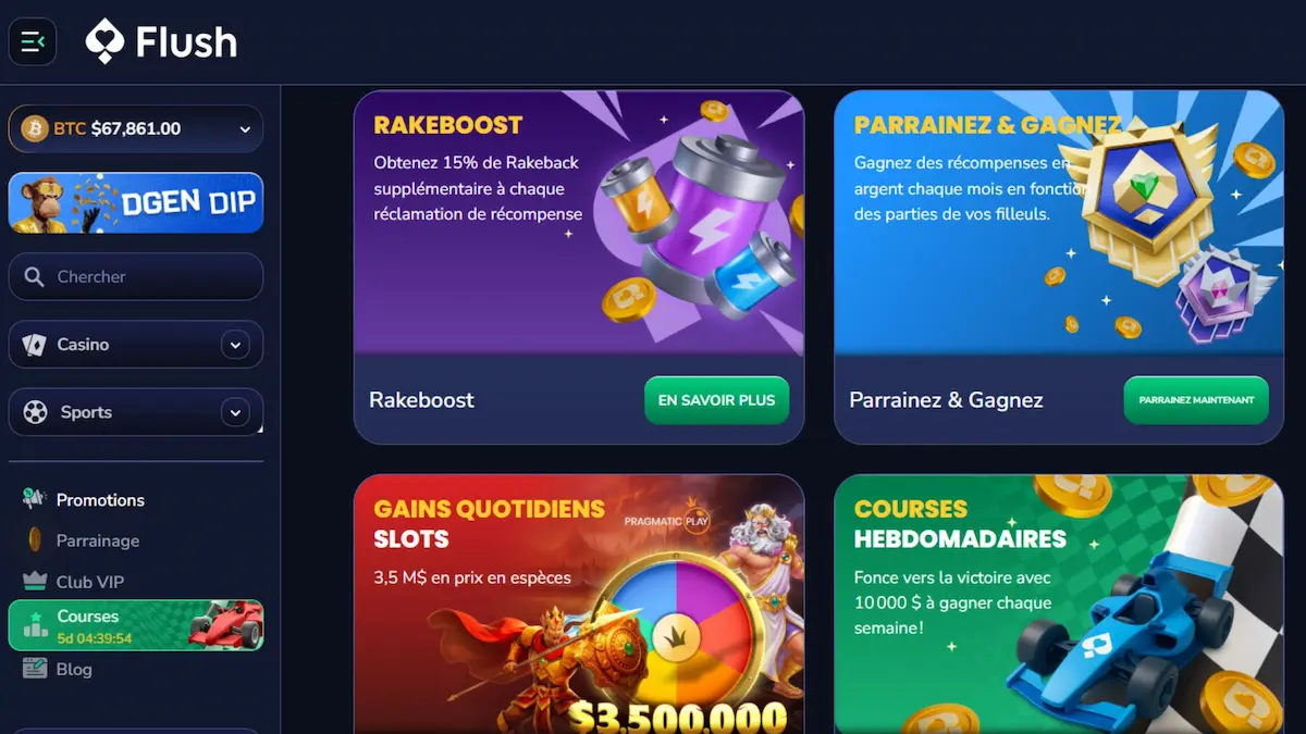 Découvrez la ludothèque complète et les avantages de Flush Casino en crypto.