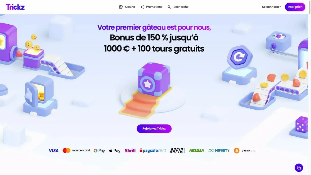 Plateforme de Trickz Casino avec ses nombreux jeux en ligne et bonus.